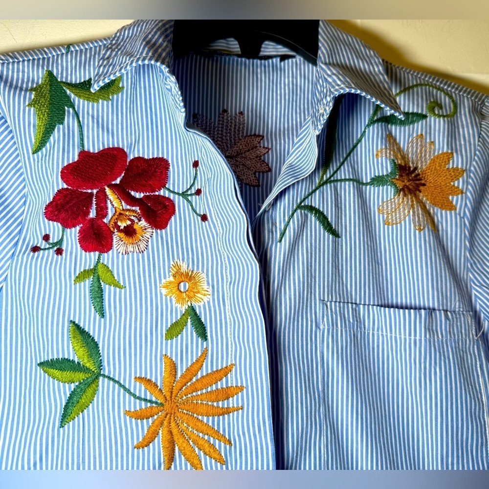 Zara Woman’s Embroidered Button Up Shirt Blue White Stripe Floral Bird XS Collar